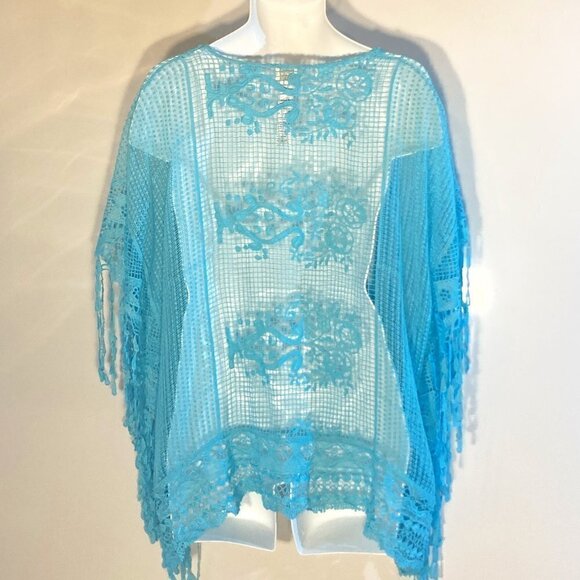 Chico's SZ OS Aqua blue cotton crochet lace poncho Boho Chic Beach Cottage 70's - Picture 5 of 11